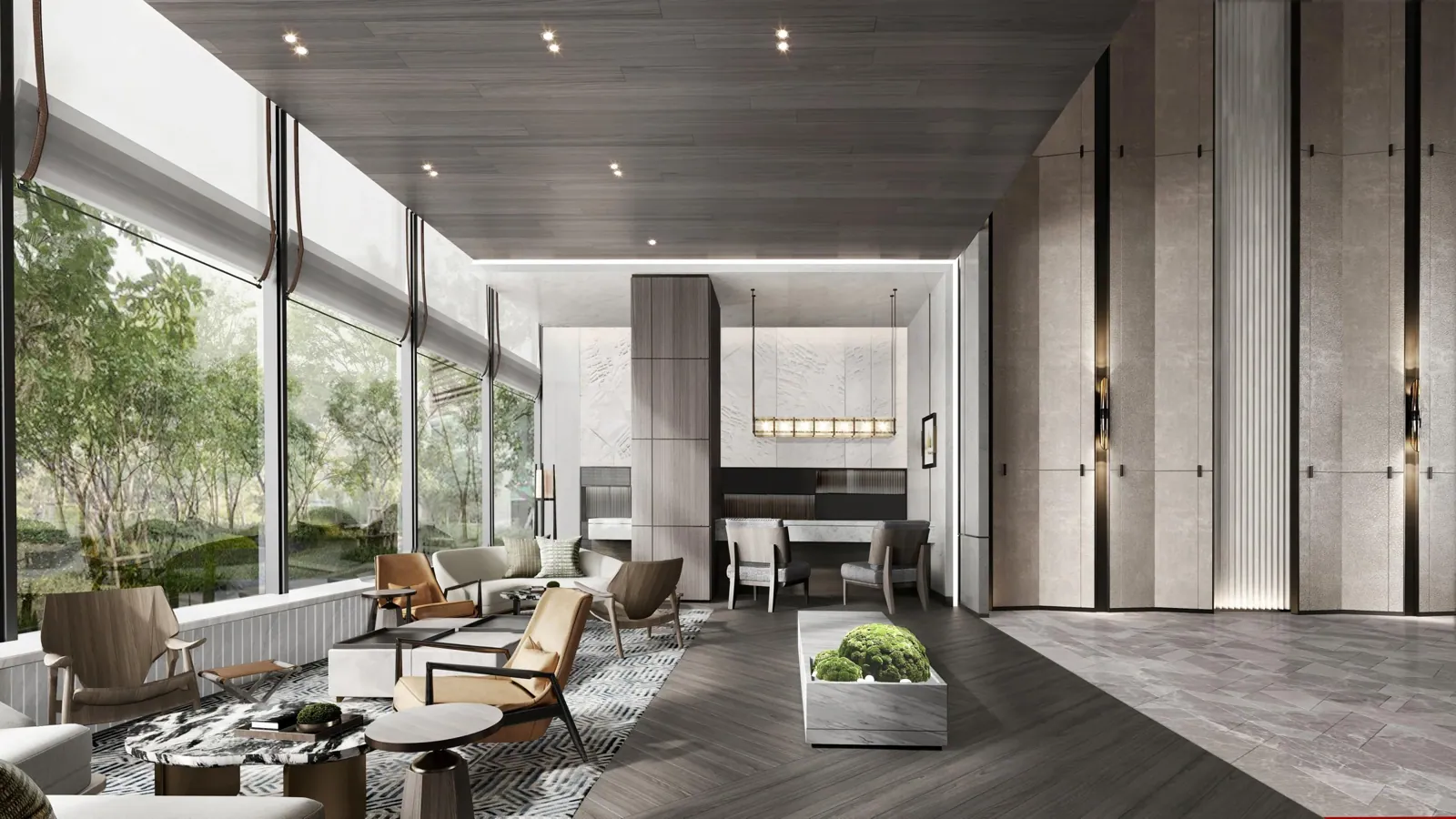 A generous hotel arrival unfolds through tall volumes, filtered daylight and sheltered seating. The proposal connects lobby, dining, event and guest-room settings through a restrained material palette.
