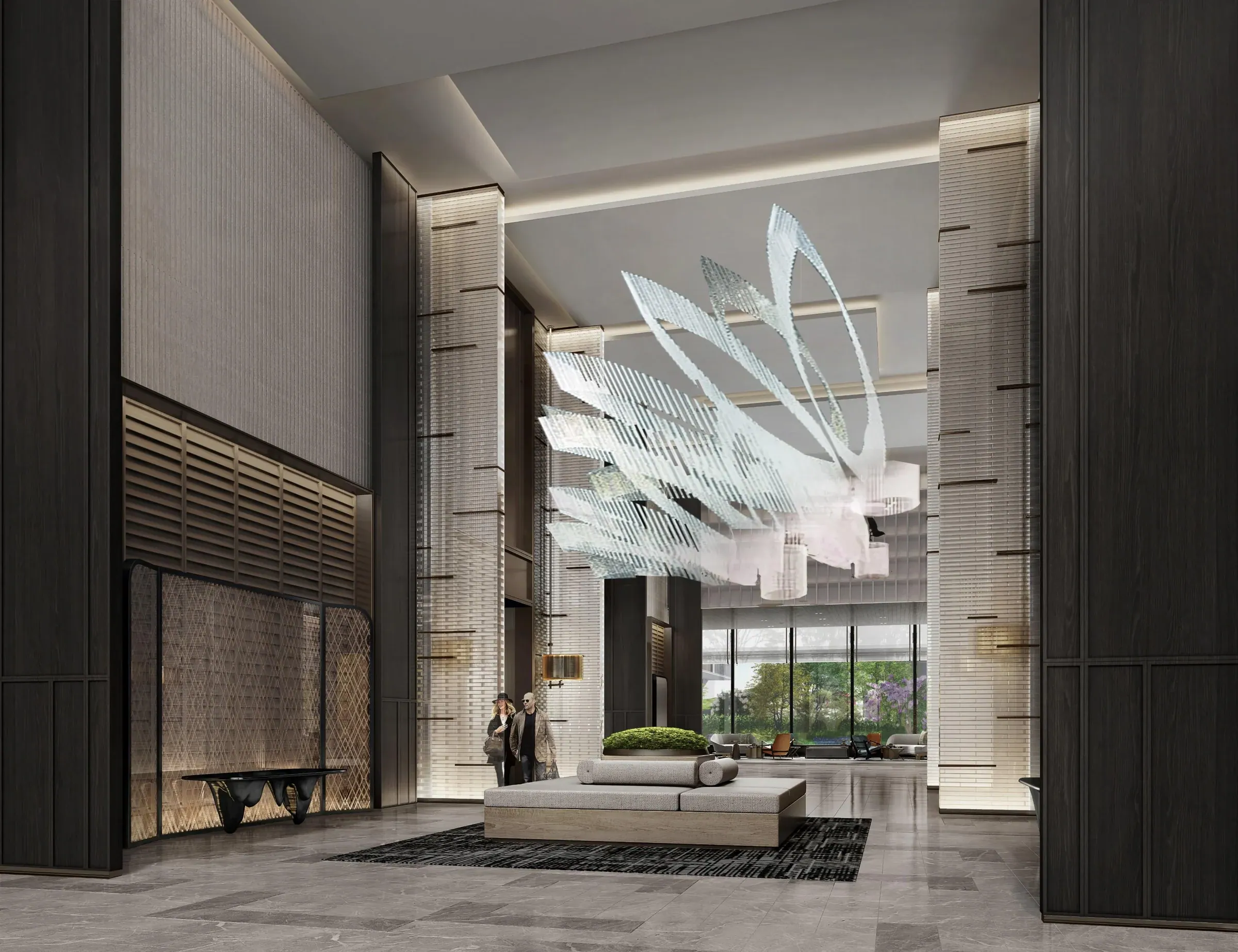 Sculptural light installation in the double-height Taichung hotel arrival hall — design proposal